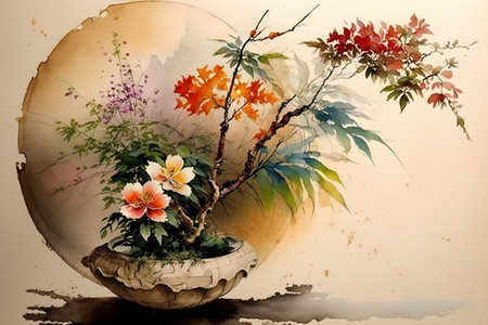 Watercolor painting of flowers in vase on grunge background.の素材