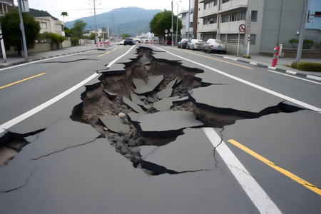 Broken asphalt on the road in the city of Kyoto, Japanの素材