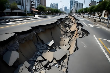 Broken asphalt road with cracks in the middle of the city.の素材