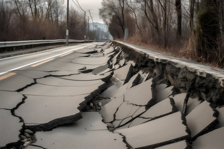 Cracks in the asphalt road. Broken road after a landslide.の素材