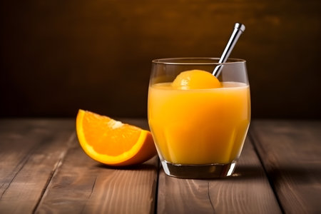 Glass of fresh orange juice with ice cubes and orange slices on wooden backgroundの素材