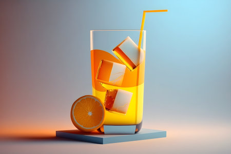 Cocktail with ice cubes and orange. 3D illustration.の素材