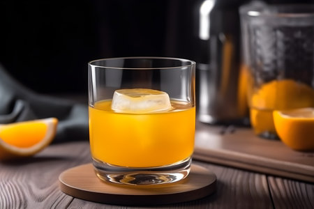 Glass of orange juice with ice cubes and oranges on a wooden tableの素材