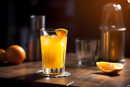 Cocktail with orange and ice on a wooden table. cocktail preparation.の素材