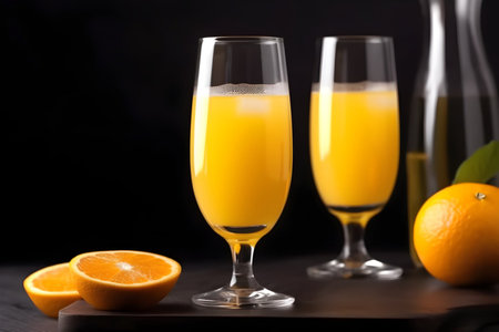 Two glasses of orange juice on a black background, close-upの素材