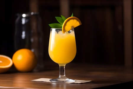 cocktail with orange on a bar counter with oranges in the backgroundの素材
