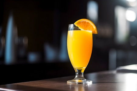 Orange juice in a glass on a bar counter in a nightclub.の素材