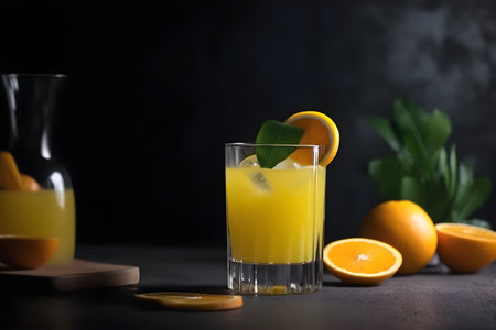Glass of fresh orange juice on table, closeup. Space for textの素材