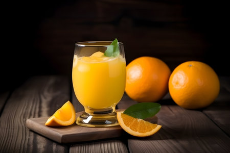 Glass of fresh orange juice with ice cubes and oranges on wooden backgroundの素材