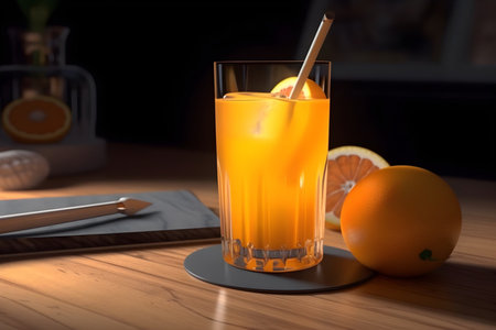 Orange juice in a glass with a straw on a wooden table.の素材