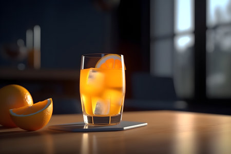 Glass of tasty orange cocktail on table in cafe. Space for textの素材