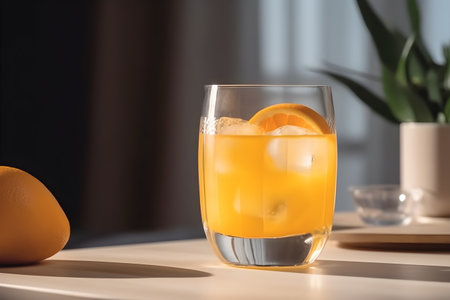 Glass of tasty orange cocktail with ice cubes on table indoors, closeupの素材
