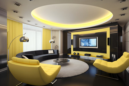 3d render of modern living room with yellow sofa and TV.の素材