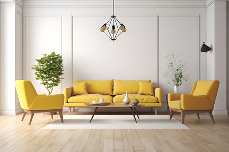 Modern bright interiors 3D rendering illustration. Living room with yellow sofaの素材