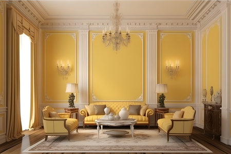 Classic interior of living room with yellow walls and classic furniture.3d renderの素材