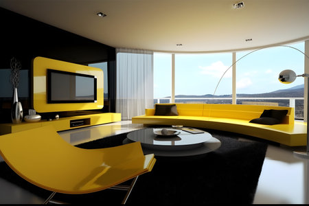 3d render of modern living room with yellow sofa and yellow TVの素材