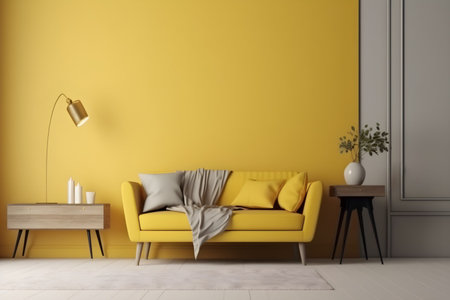 Interior of modern living room with yellow wall, yellow sofa and coffee table. 3d renderingの素材
