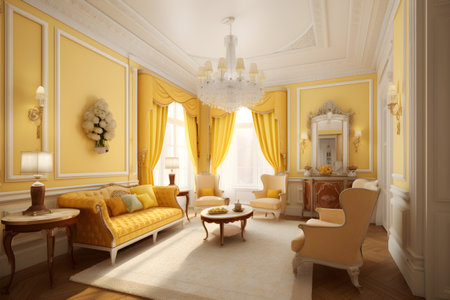 Luxury classic interior of living room with yellow walls and wooden floor. 3d renderingの素材