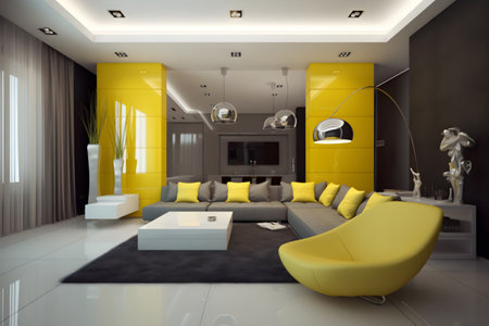 3d render of modern living room with yellow and white furniture.の素材