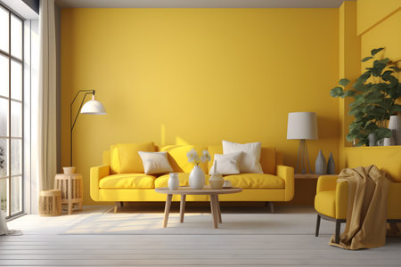 Yellow living room interior with yellow sofa and coffee table. 3d renderingの素材