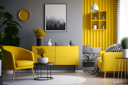 Interior of modern living room with yellow and gray walls, wooden floor, yellow armchair standing near yellow coffee table and yellow cupboard. 3d renderingの素材