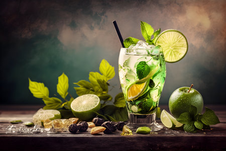 Mojito cocktail with lime, mint and ice on wooden tableの素材