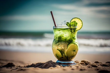 Mojito cocktail on the beach with sea and blue sky backgroundの素材