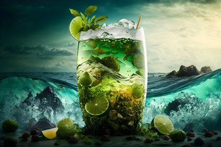 Cocktail with lime, mint and ice on the ocean backgroundの素材