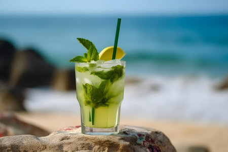 Mojito cocktail on the beach with a view of the seaの素材