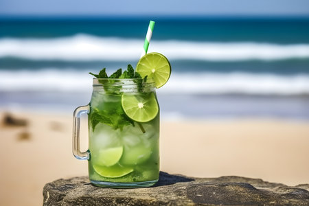 Mojito cocktail with lime and mint on the beach in summerの素材