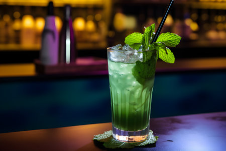 Cocktail with mint and ice on a bar counter in a nightclubの素材