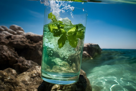 Mojito cocktail in glass with ice and mint leaves on rock at tropical beachの素材
