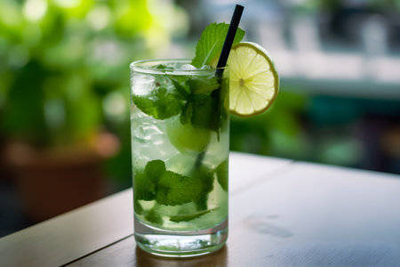 Mojito cocktail with lime and mint leaves on wooden table.の素材