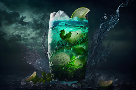 Cocktail with ice and mint on dark background. mixed mediaの素材