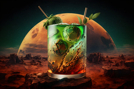 Cocktail with ice and mint on the background of the planet.の素材