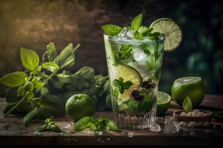 Mojito cocktail with lime, mint and ice on wooden backgroundの素材