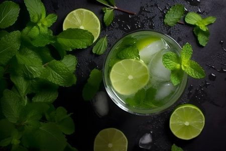 Mojito cocktail with lime, mint and ice on black backgroundの素材