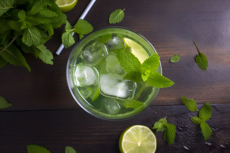 Mojito cocktail with lime, mint and ice on wooden backgroundの素材