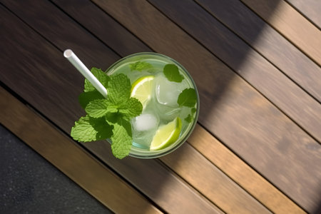 Top view of mojito cocktail with lime and mint on wooden tableの素材