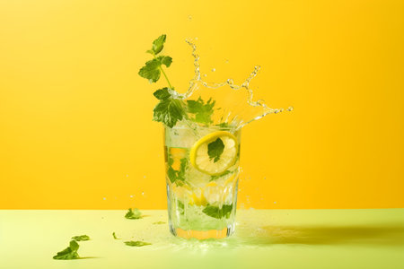 Glass of mojito with splashes and lime on yellow backgroundの素材