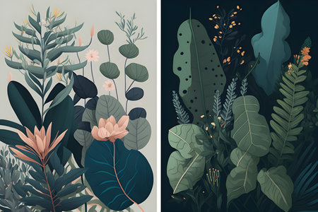 Tropical background with plants and flowers. Vector illustration in flat style fresh new floral and plant-themed designs, from minimalist to intricate and detailedの素材