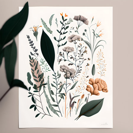 Hand drawn botanical illustration with flowers, leaves and branches. Design for poster, card, invitation, placard, brochure.の素材