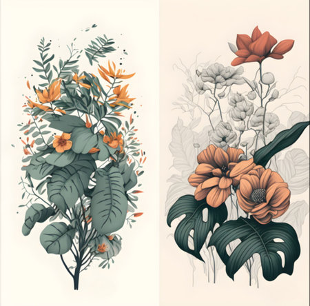 Set of two vector illustrations of a bouquet of flowers and plants fresh new floral and plant-themed designs, from minimalist to intricate and detailed. flower plant patternの素材