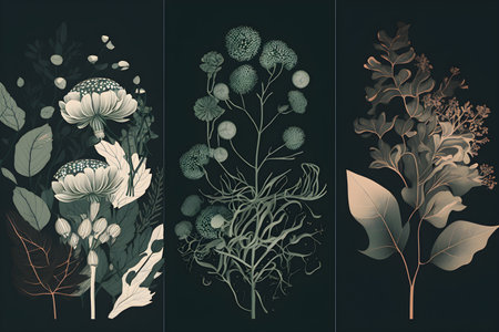Set of floral elements on dark background. vector illustration. fresh new floral and plant-themed designs, from minimalist to intricate and detailed. flower plant patternの素材
