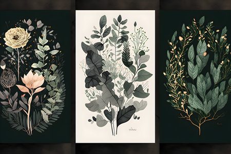Set of hand drawn floral compositions. Eucalyptus, eucalyptus, succulents, branches, leaves, branches. Botanical vector illustration.の素材