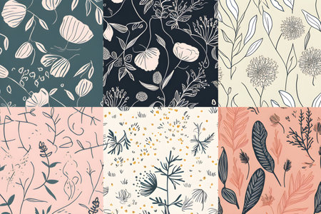 Set of seamless floral patterns. Hand drawn flowers and plants. vector illustrationの素材