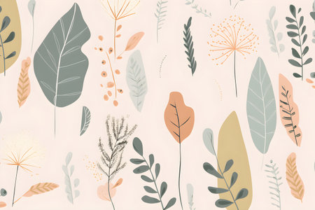Seamless floral pattern with hand drawn leaves and branches Vector illustration.fresh new floral and plant-themed designsm minimalist to intricate detailed Flower plant patternの素材