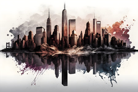 New York City skyline in grunge style. digital watercolor painting.の素材