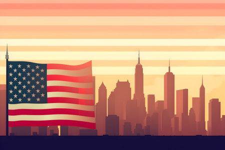Vector illustration of United States of America flag on the sunset background.の素材