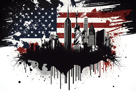 New York City skyline on grunge brush stroke background. vector illustration.の素材